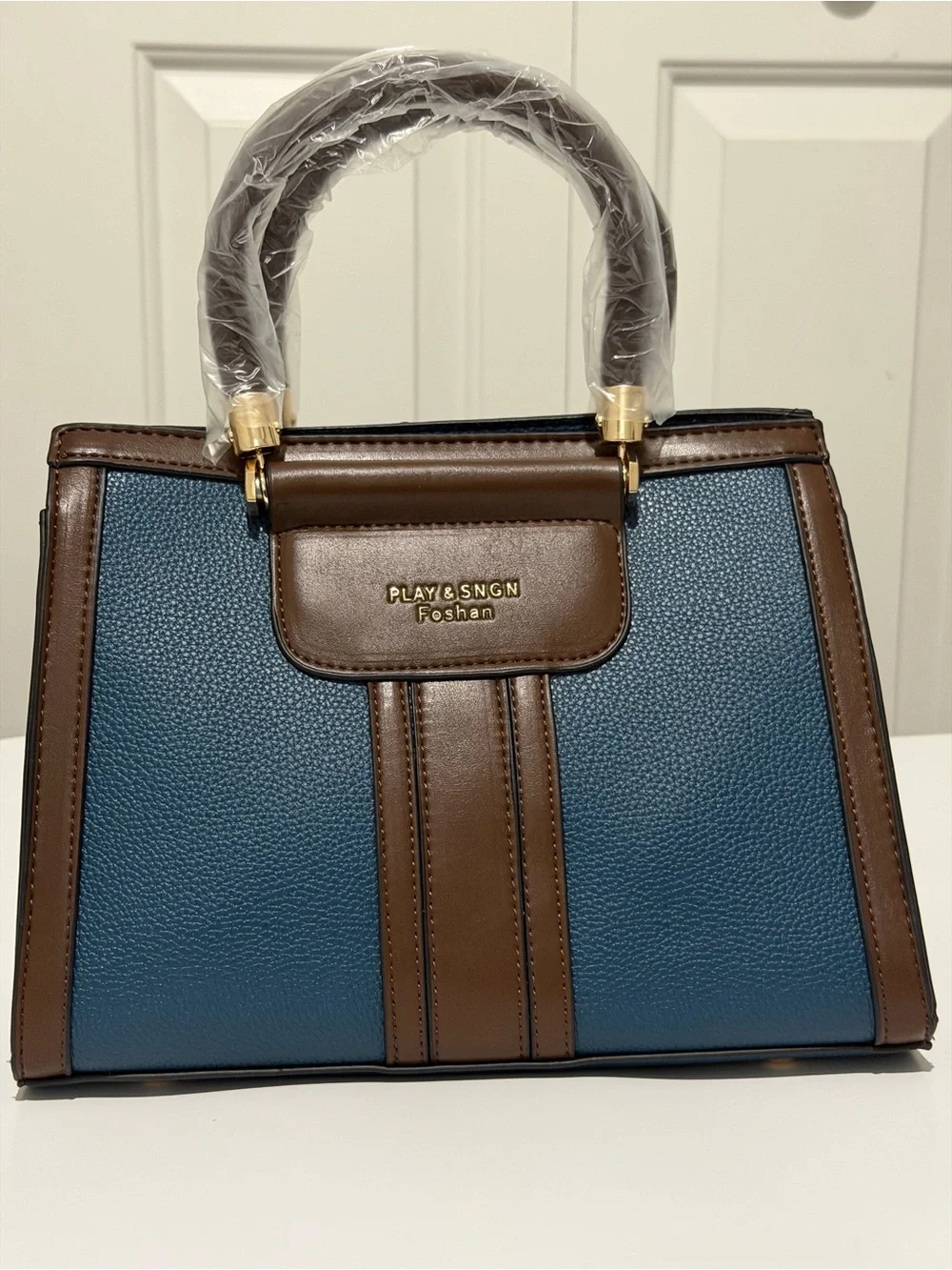 PLAY & SNGN Blue and Brown Structured Satchel with Wallet Set